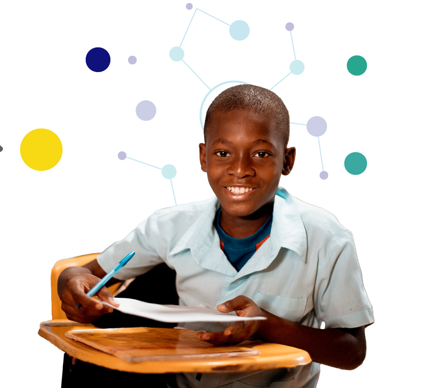 Imagen de un niño afro riendo y estudiando, en fondo ilustración de círculos conectados por líneas